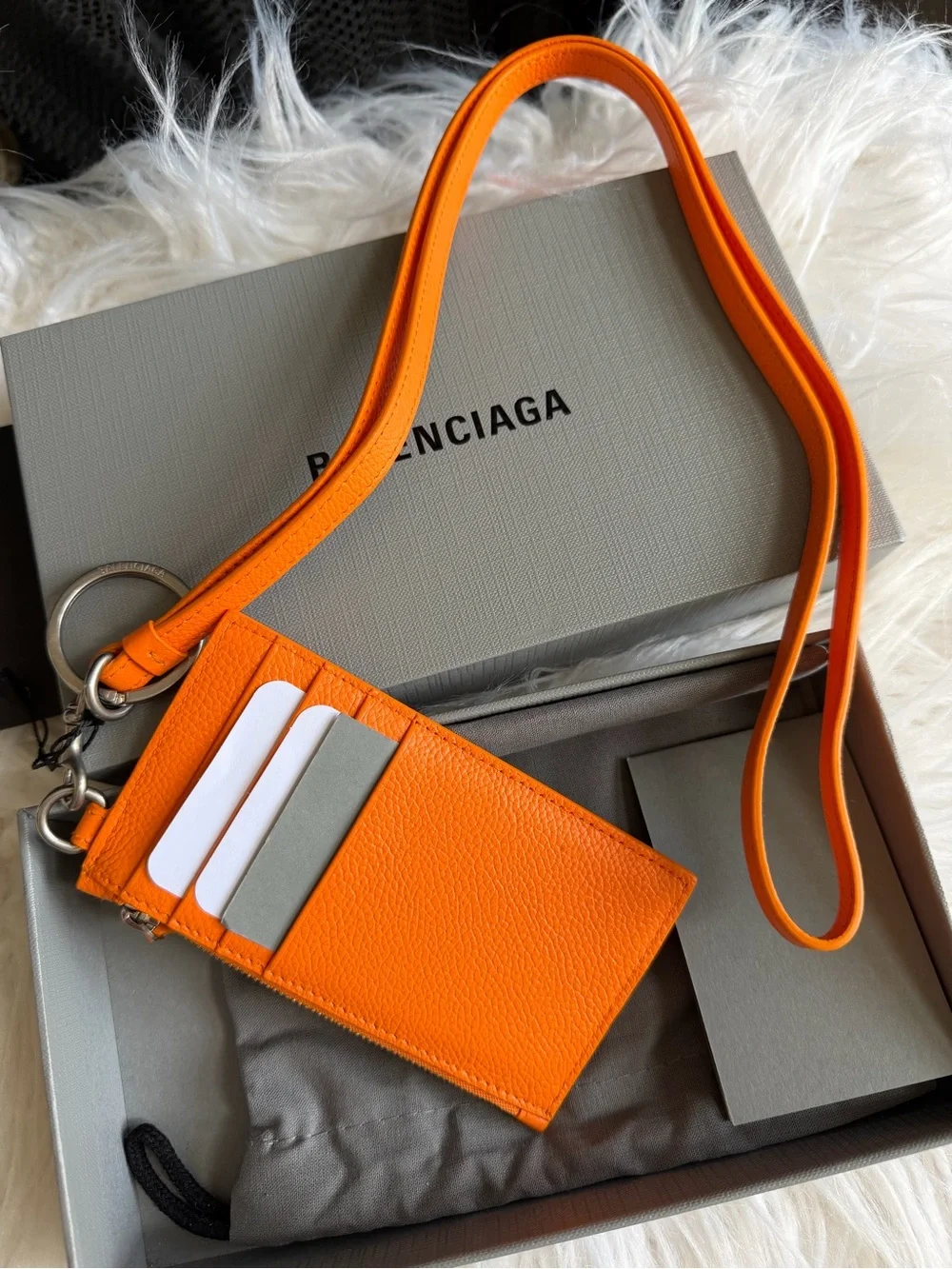 Balenciaga Orange Leather Logo Keyring Card Holder Crossbody Detachable